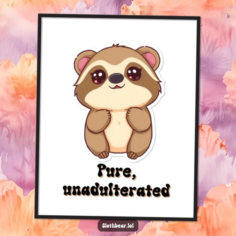 Funny Kawaii Sloth Bear Poster featuring a cute bear with big innocent eyes looking up, heartwarming wall art and a perfect funny gift.