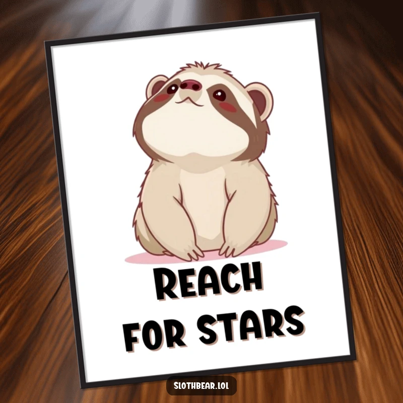 Funny sloth bear poster showing a bear looking upwards towards the sky with a feeling of wonder and gentle humor.