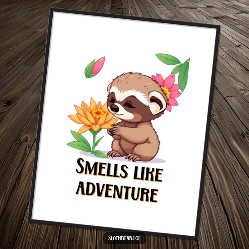 Funny curious sloth bear cub sniffing a vibrant exotic flower with wide-eyed wonder, presented as a charming art poster.