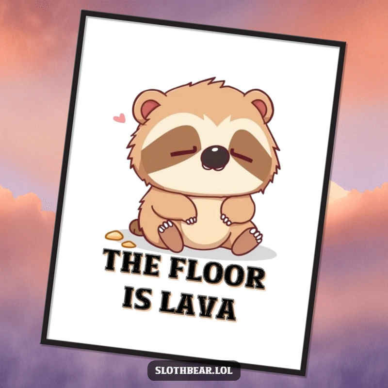 Funny poster art of a dazed sloth bear looking comically surprised after a gentle fall, adding humor to any room.