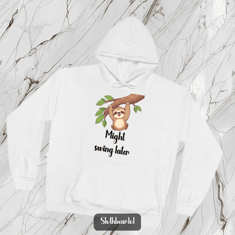 Funny kawaii sloth bear energetically swinging from a tree branch on a soft hoodie, bringing cheer and warmth.