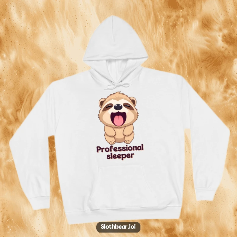 Funny sloth bear hoodie displaying a bear yawning widely with its tiny pink tongue out, showcasing ultimate comfort and humor.
