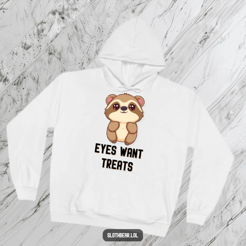 Funny Kawaii Sloth Bear Hoodie featuring a cute bear looking up with innocent eyes, offering cozy sweetness and a fantastic funny gift.