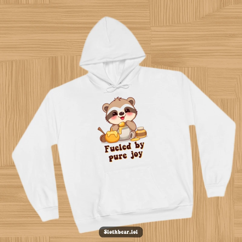 Funny hoodie featuring a smiling sloth bear happily munching on a honey pot, ideal for cozy relaxation.