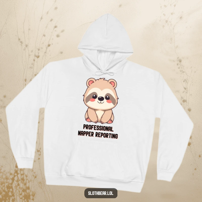 Funny kawaii sloth bear hoodie showcasing a sweetly smiling character, offering warmth and a touch of adorable, contented joy to the wearer.