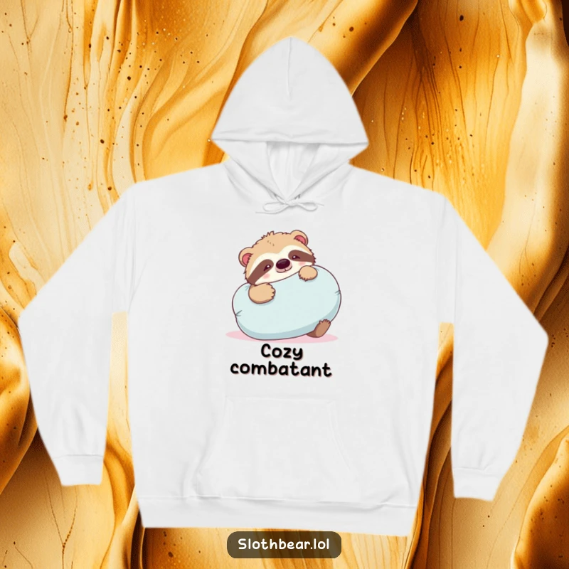 Funny sloth bear hoodie depicting a bear playfully wrestling with a large, soft pillow, cozy and humorous.