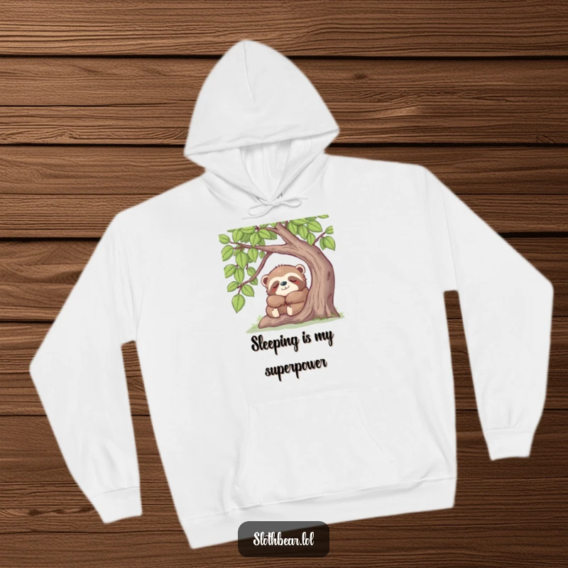 Funny sloth bear peacefully napping under a leafy tree, designed for ultimate comfort and humor on a warm hoodie.