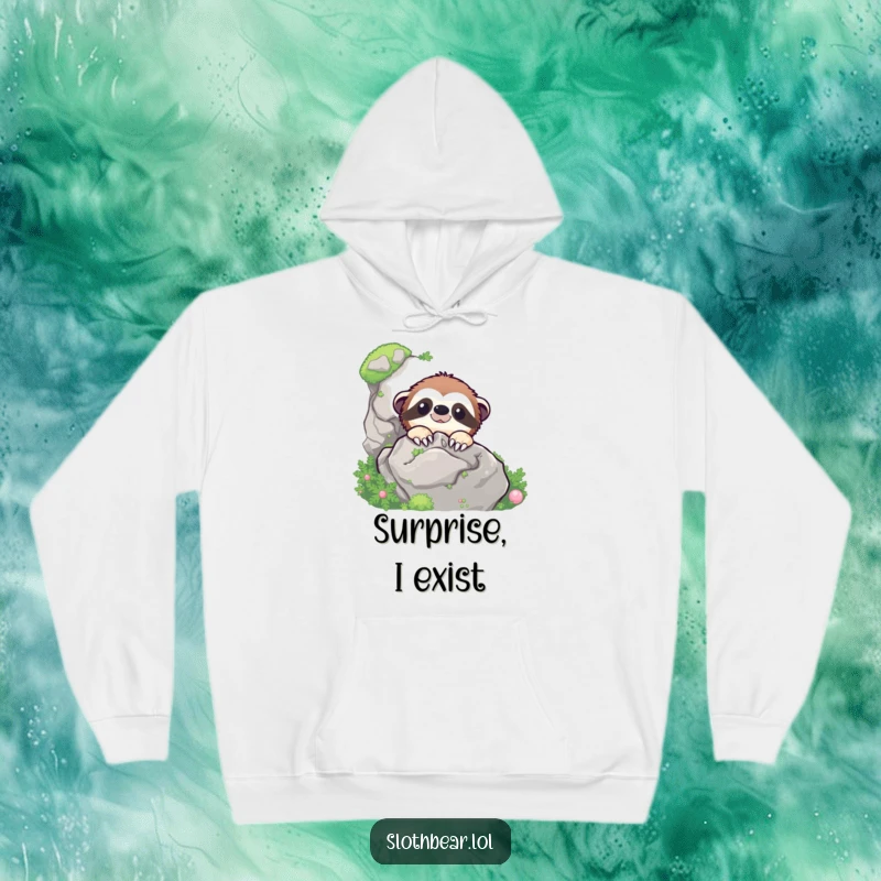 Funny sloth bear character peeking from behind a large mossy rock, printed on a warm and cozy hoodie.