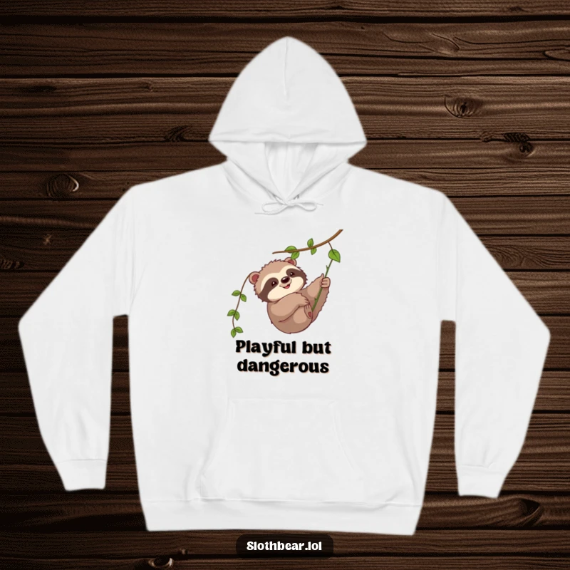 Funny hoodie print: A charming sloth bear character playfully swatting at a green vine, embodying carefree fun.