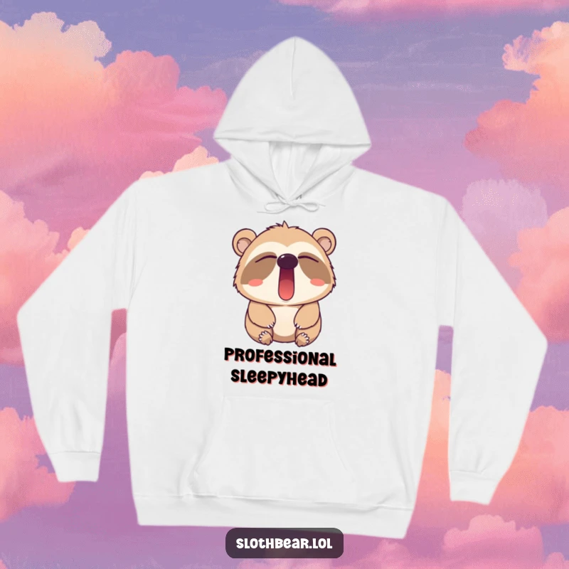 Funny sloth bear hoodie showcasing a character in a massive yawn, perfect for staying warm and comfortable during lazy days.