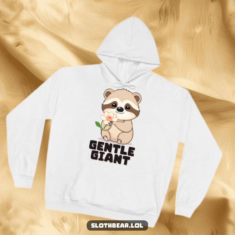 Funny sloth bear hoodie showing a bear's paw delicately stroking a flower petal, blending warmth, art, and humor.