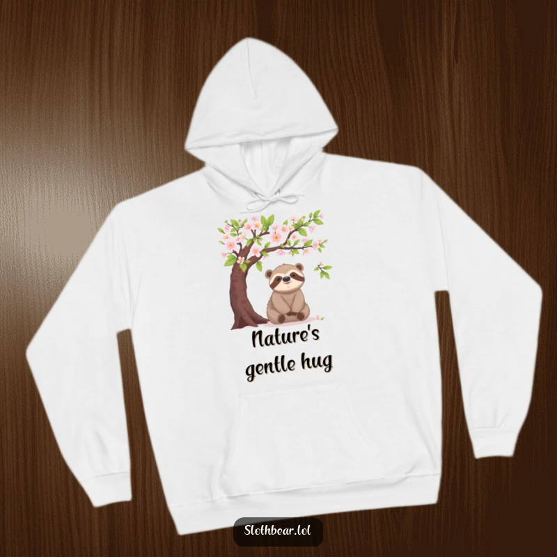 Funny sloth bear hoodie, under blooming tree, happy, cozy, relaxed character, perfect present.