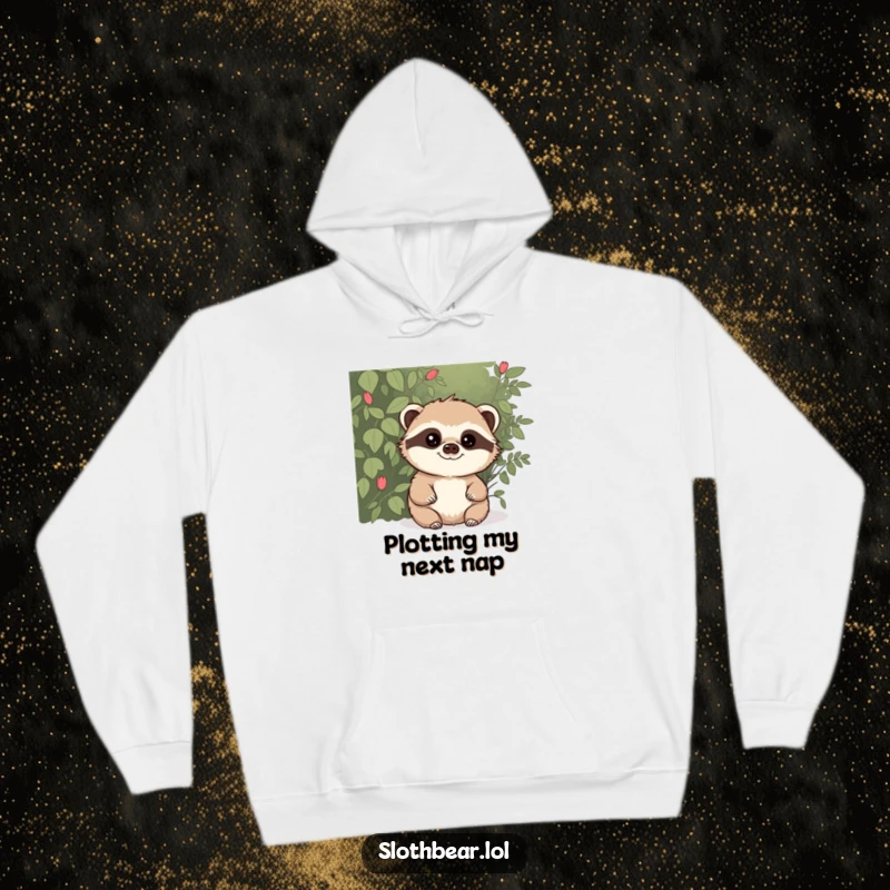 Funny hoodie depicting a sloth bear mischievously peeking from behind a bush, offering warmth and a chuckle with its sly, playful design.