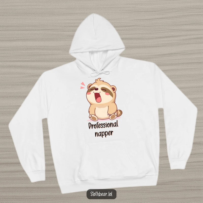 Funny hoodie featuring a sloth bear character yawning widely with a contented sigh, perfect for cozy comfort.