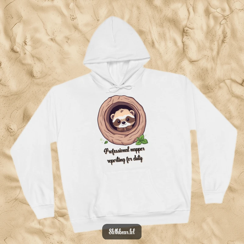 Funny sloth bear cub peeking from a hollow log, printed on a cozy hoodie, embodying cute and humorous wildlife.