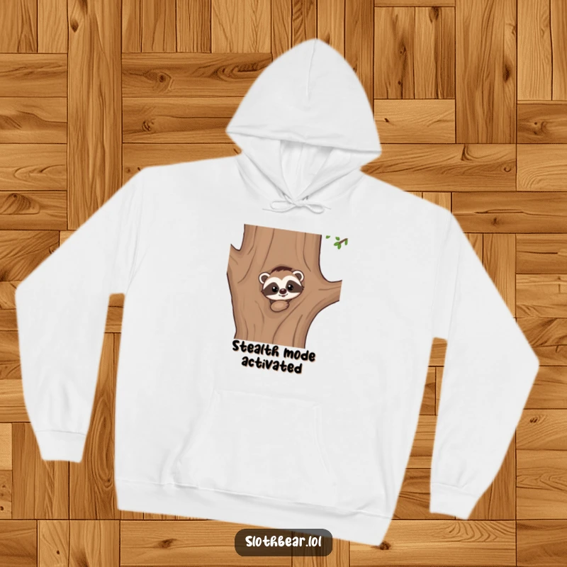 Funny hoodie print: A kawaii sloth bear character curiously peeking from behind a large tree, with an expression of gentle wonder.