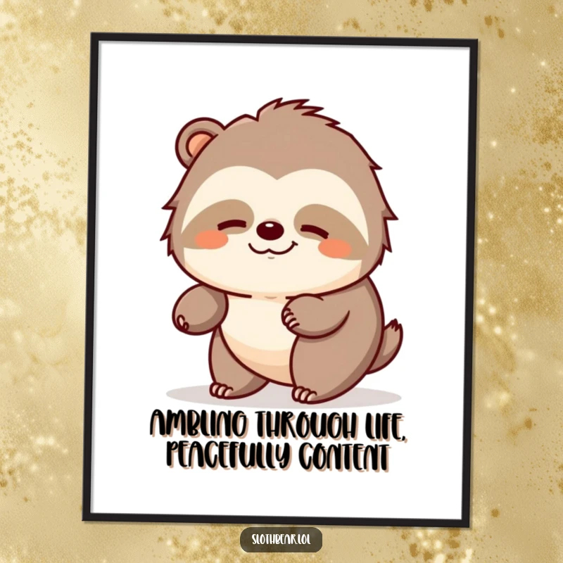 Funny Free Printable Wall Art: A contented sloth bear ambles peacefully, radiating calm and happiness.