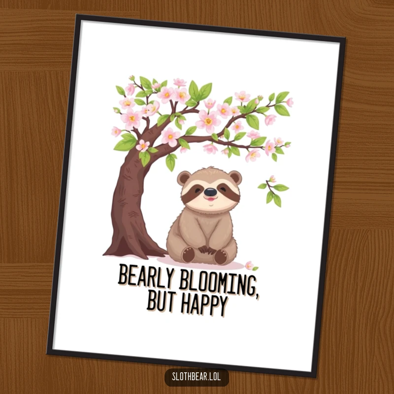 Free Printable Wall Art: A happy sloth bear sits peacefully beneath a lush tree branch heavy with blossoms.