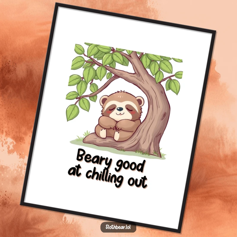 Funny Free Printable Wall Art: Happy sloth bear peacefully napping under a shady leafy tree, radiating calm and coziness.