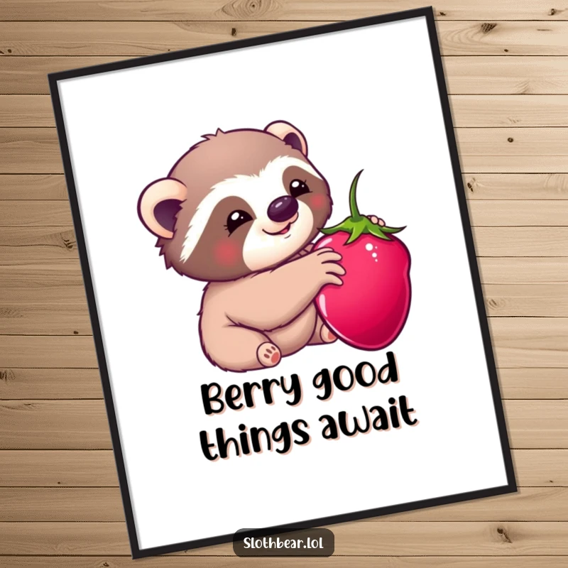 Cute Free Printable Wall Art of a kawaii sloth bear joyfully reaching towards a tempting, ripe red berry.