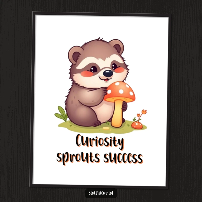 Funny Free Printable Wall Art: Kawaii sloth bear curiously poking a bright, enchanting mushroom, adding a touch of magic.