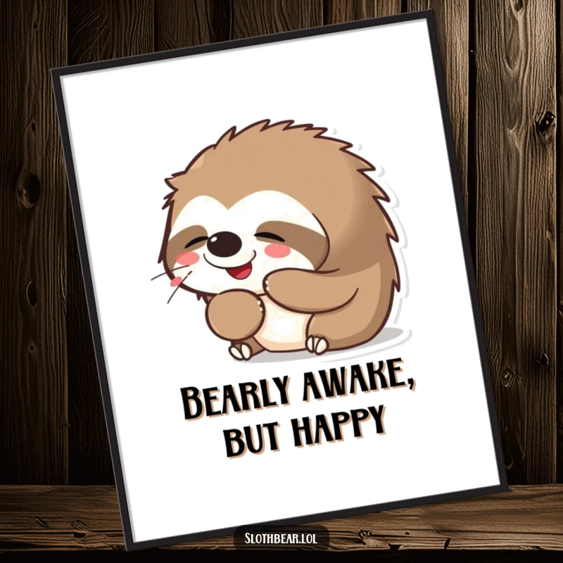 Funny Free Printable Wall Art featuring a cute kawaii sloth bear character with a peaceful smile, caught in a big yawn.