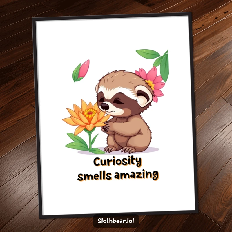 Funny Free Printable Wall Art: A curious sloth bear cub sniffs a vibrant exotic flower with wide-eyed wonder, capturing a moment of discovery.