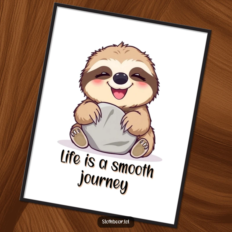 Funny Free Printable Wall Art of a sloth bear erupting in giggles while playing with a smooth stone, a charming and humorous scene.