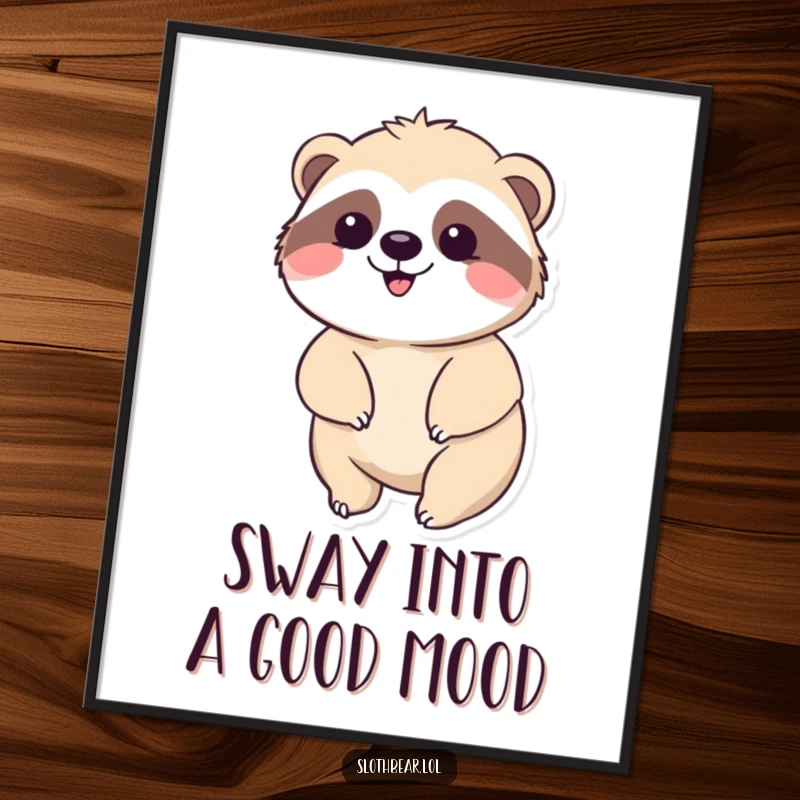 Funny free printable wall art of a kawaii sloth bear doing a gentle, happy sway, bringing a sense of calm.