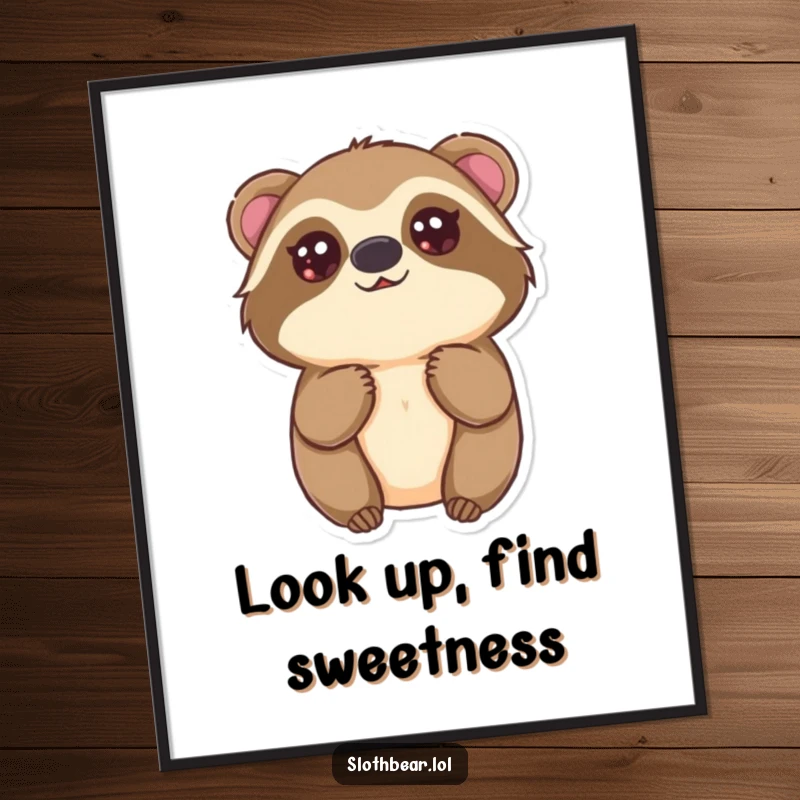 Funny free printable wall art of a kawaii sloth bear looking up with large, innocent eyes, radiating pure sweetness.
