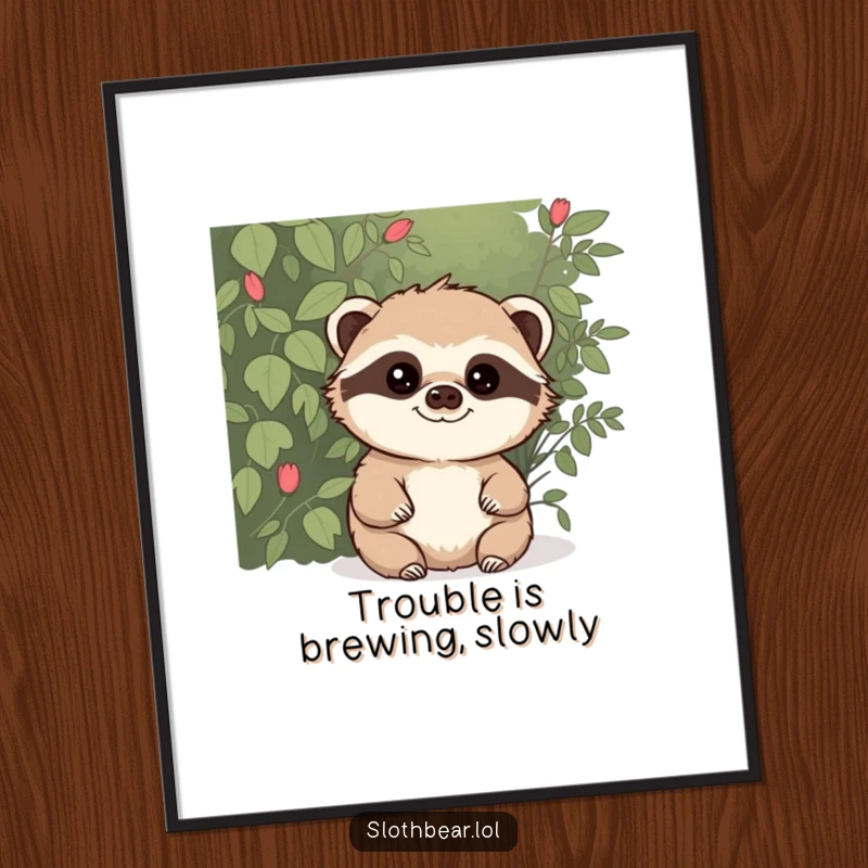 Funny Free Printable Wall Art: Mischievous sloth bear peeking from a bush, adding a touch of playful mystery to your decor.