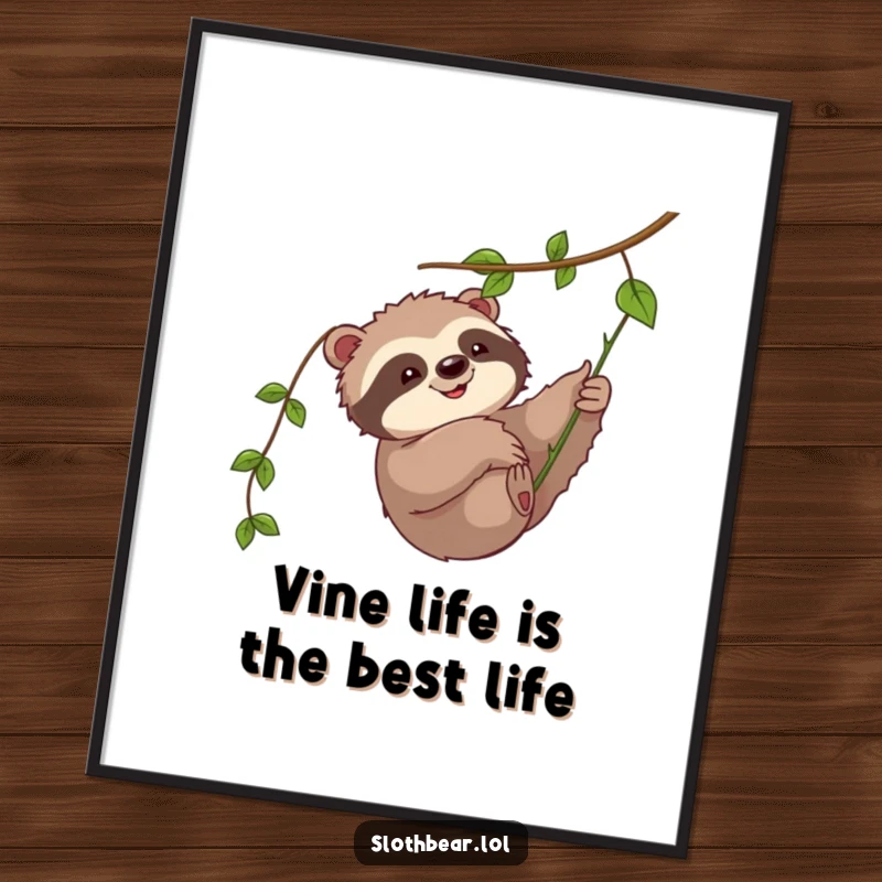 Funny Free Printable Wall Art depicting a cute sloth bear playfully swatting at a green, dangling jungle vine.
