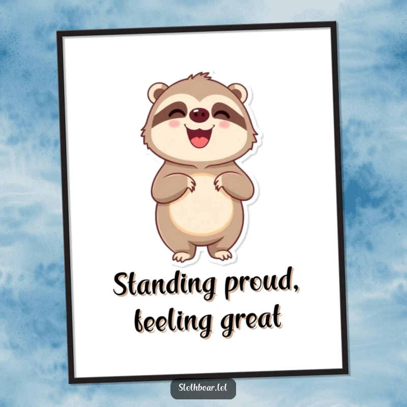 Funny Free Printable Wall Art: A delighted sloth bear character stands proudly on its hind legs, looking very pleased with itself.