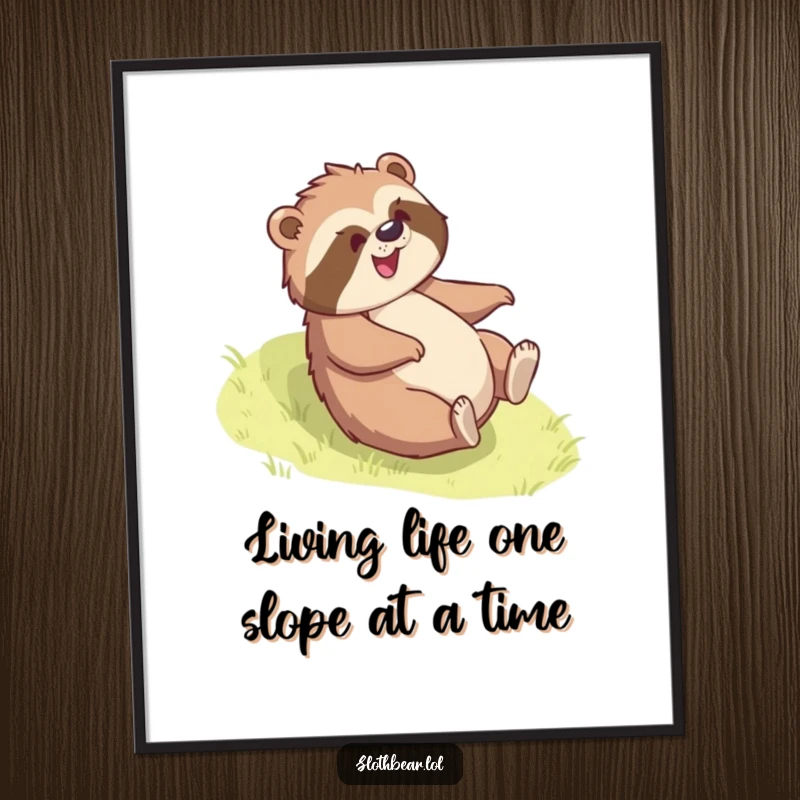 Free Printable Wall Art: A sloth bear is captured rolling down a grassy slope, radiating pure, uninhibited glee.