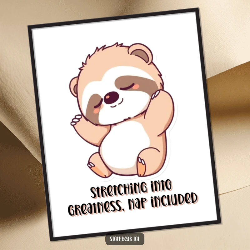 Funny Free Printable Wall Art: A sloth bear in a comical, exaggerated stretch, embodying relaxation. Perfect wall art.