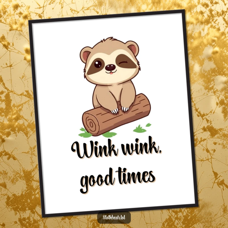 Funny Free Printable Wall Art: A sloth bear character sits casually on a log, offering a friendly wink to admirers.