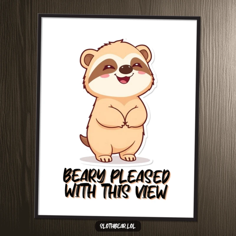 Funny Free Printable Wall Art: Delighted sloth bear standing proudly on its hind legs, radiating pure happiness and contentment.