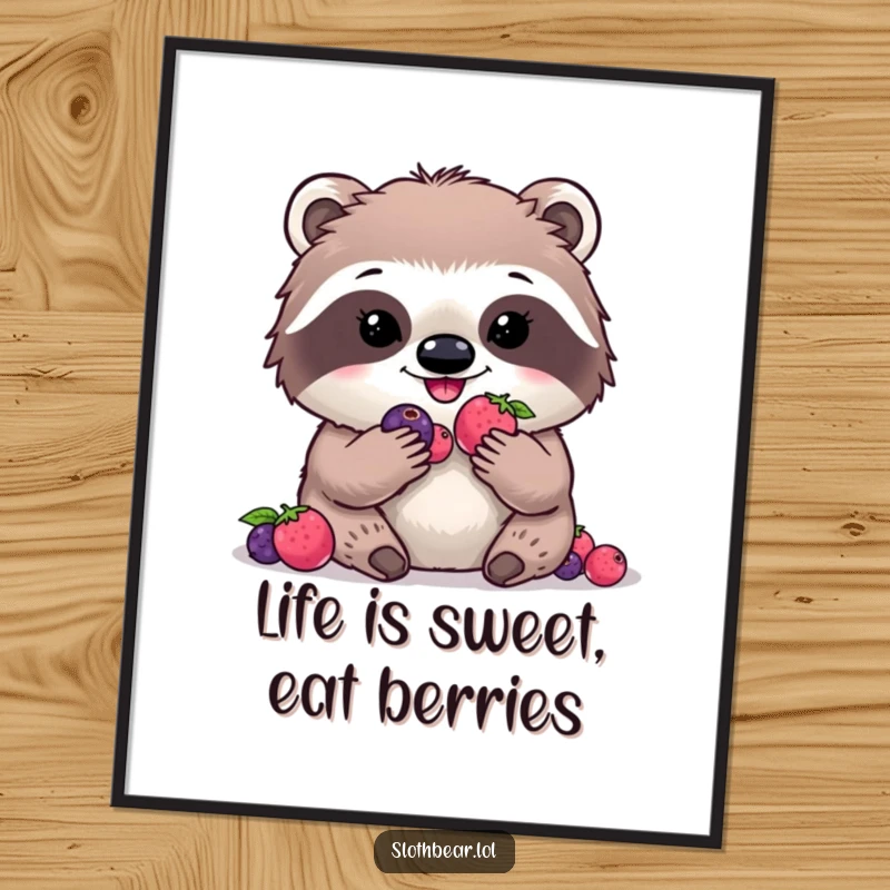 Funny Free Printable Wall Art: Kawaii sloth bear enthusiastically munching on digital berries, a whimsical and humorous piece for your decor.