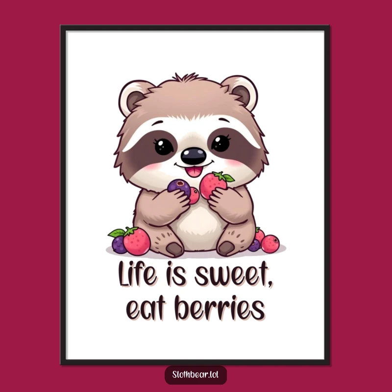 Funny Free Printable Wall Art: Kawaii Sloth Bear Berry Feast, Cute Downloadable Decor