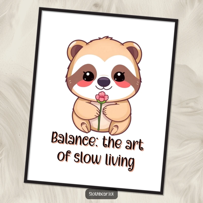 Funny Free Printable Wall Art: Kawaii sloth bear with a serene expression, perfectly balancing a tiny flower bud on its nose, peaceful.