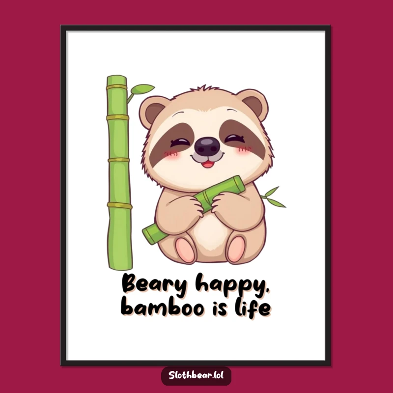 Funny Free Printable Wall Art: Sloth Bear Bamboo Munching Peaceful Downloadable Decor