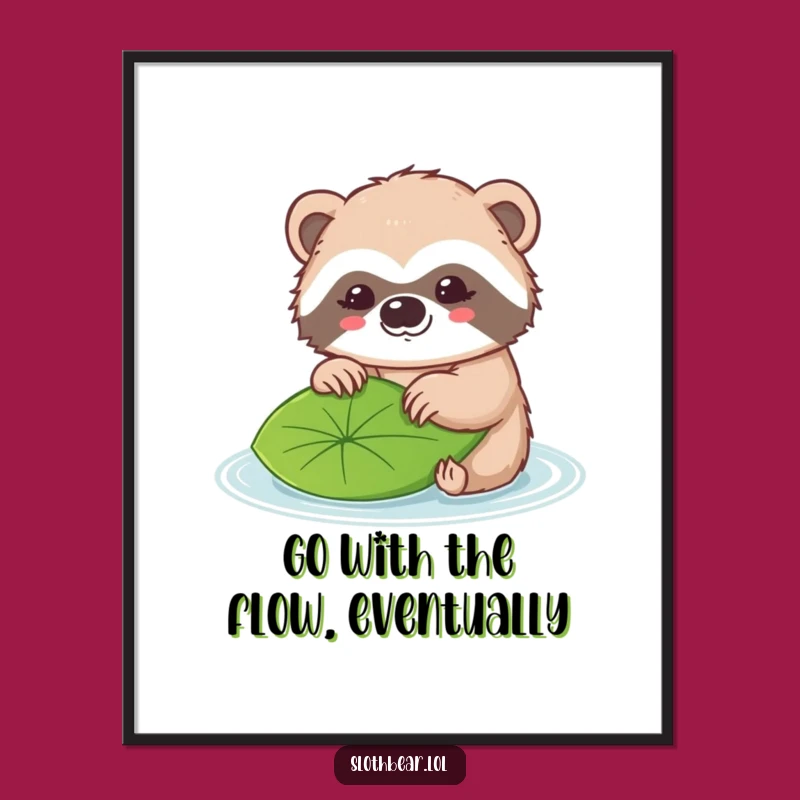 Funny Free Printable Wall Art: Kawaii Sloth Bear's Gentle Leaf Drift Scene