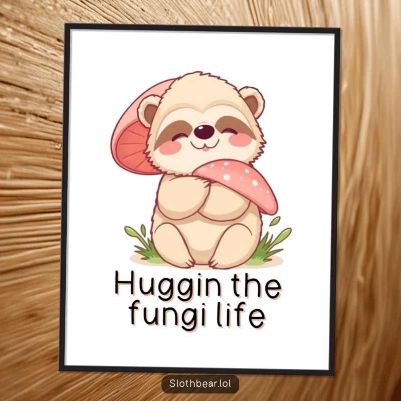 Funny Free Printable Wall Art: A joyful sloth bear bear embracing a large, fluffy mushroom, creating a scene of cozy delight. Print it!