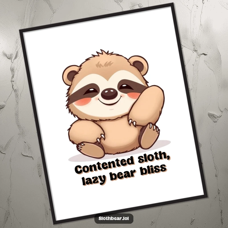 Funny free printable wall art of a sloth bear stretching lazily with a contented grin, exuding peace and humor.