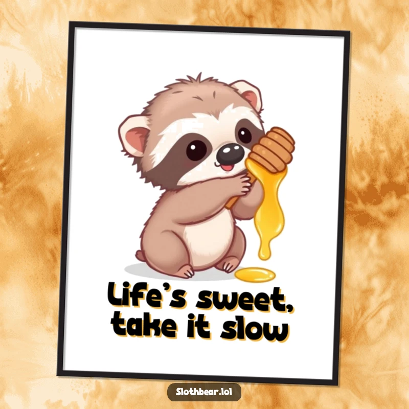 Funny Free Printable Wall Art: a cute sloth bear cub playfully reaches for dripping honey from a comb.