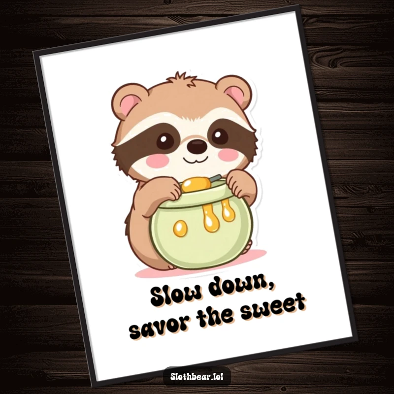 Funny free printable wall art of a kawaii sloth bear with gentle eyes playfully reaching for a delicious honey pot, exuding cuteness.