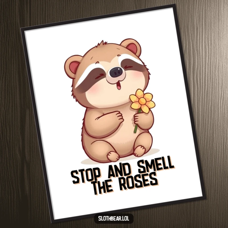 Funny Free Printable Wall Art depicting a sloth bear humming a quiet tune while holding a single flower, radiating peace and gentle joy.