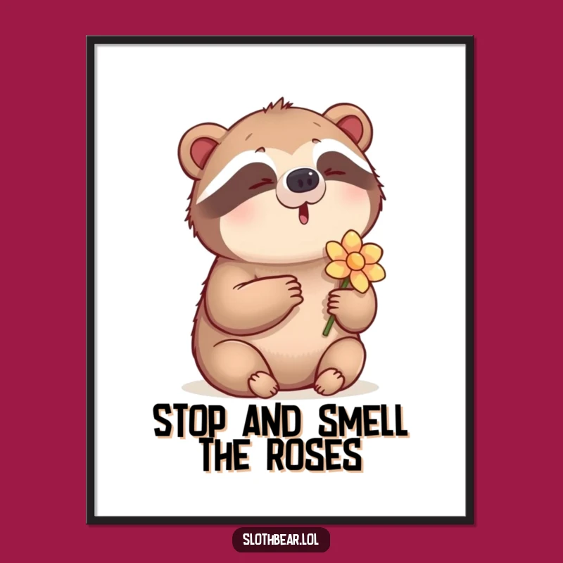 Free Printable Wall Art: Humming Sloth Bear with Flower - Funny Downloadable Art