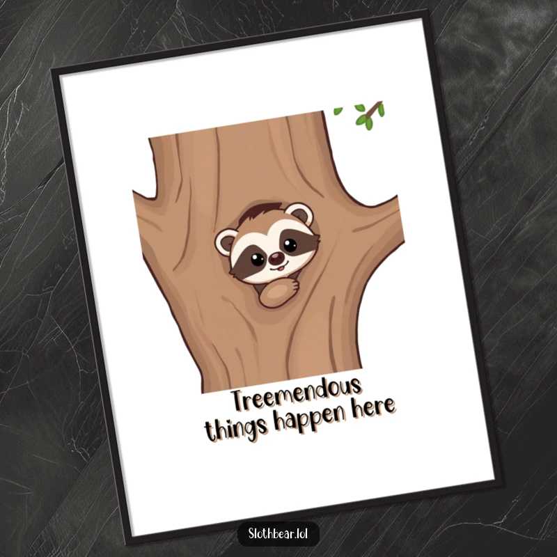 Cute Free Printable Wall Art of a kawaii sloth bear curiously peeking from behind the trunk of a large tree.