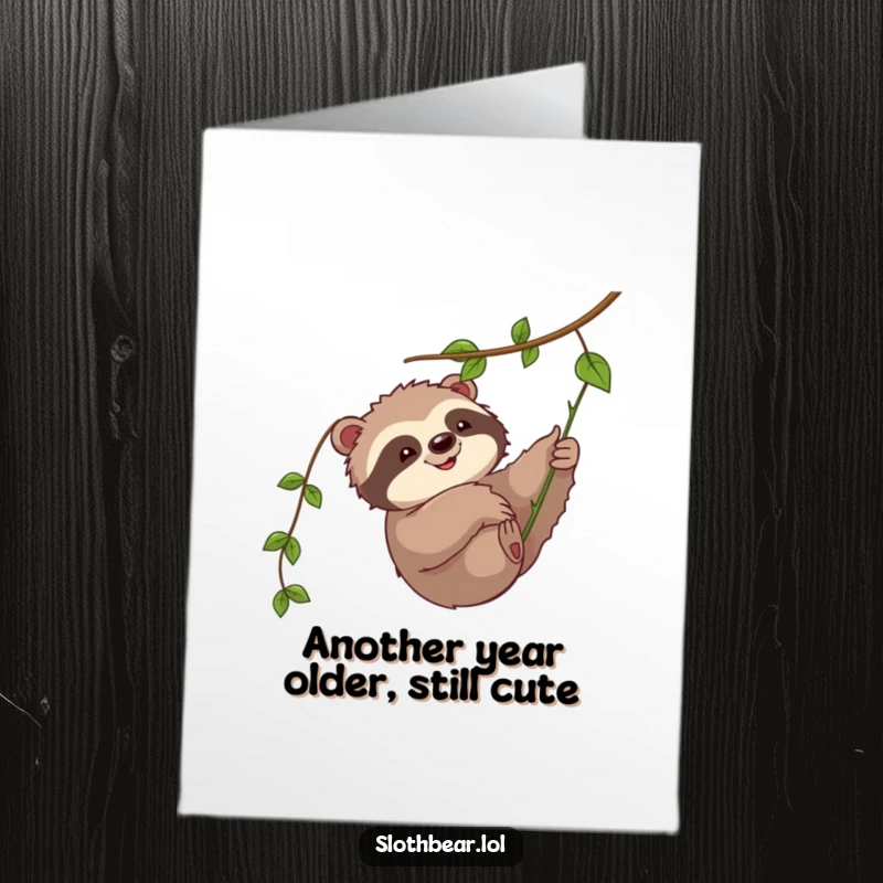 Funny Free Printable Birthday Card with a cute sloth bear playfully swatting at a dangling jungle vine.